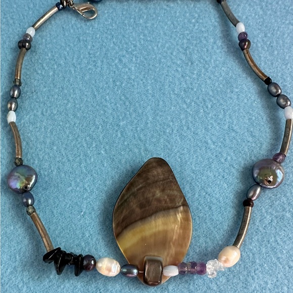 Unique NATURE BIJOUX Necklace: Pearls, Mother of Pearl, amethyst, agate, wood 🎣 - Picture 3 of 10
